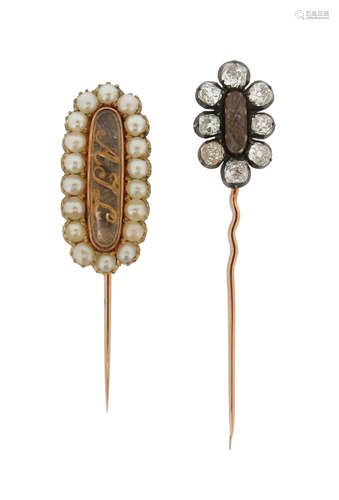 Two early 19th century stick pins, one with glazed centre section containing plaited hair within a