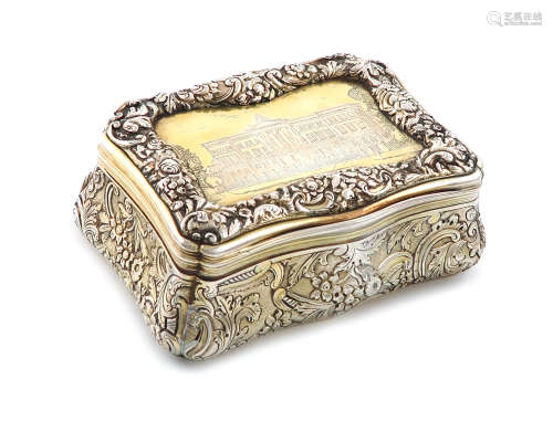 A large silver-gilt engraved 'castle-top' table snuff box, by John Linnit, London 1839, shaped