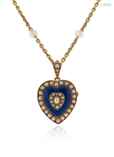 An Edwardian enamel and seed pearl gold heart pendant, brooch fitting to reverse, suspended on a