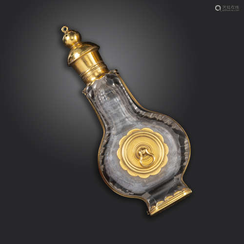 A carved glass amphora-form scent bottle, possibly Dutch 18th century, with gold mounts, the upper