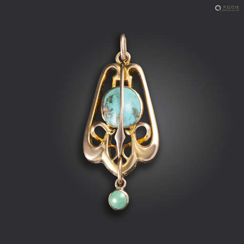 An Arts & Crafts turquoise and gold pendant, in the Liberty style, the turquoise matrix set within