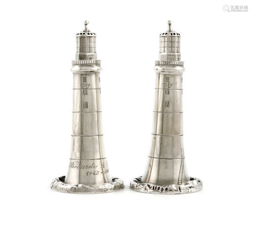 A pair of Victorian novelty Eddystone Lighthouse pepper pots, by Deakin and Francis, Birmingham