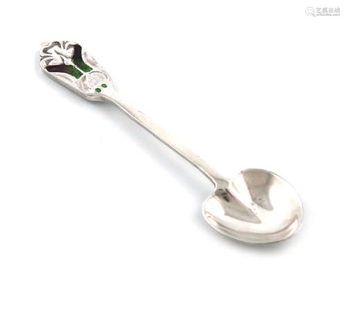 By Liberty and Co, an Edwardian silver and enamel condiment spoon, Birmingham 1903, heart-shaped