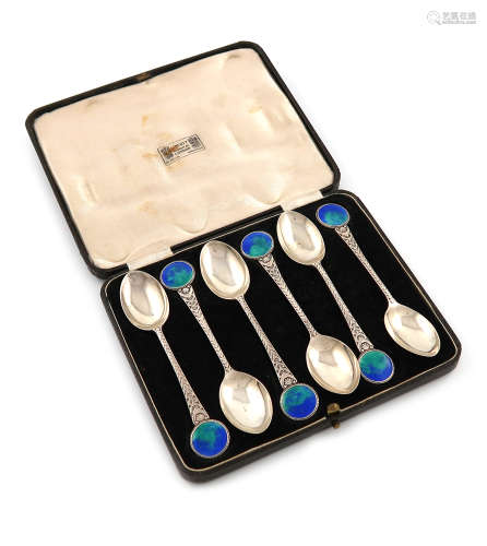 By W. H. Haseler for Liberty, a set of six silver and enamel teaspoons, Birmingham 1914, the
