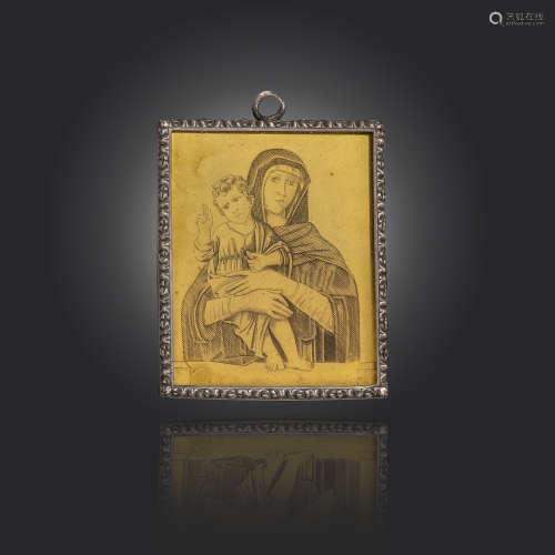 A silver frame by Mario Buccellati, depicting the Madonna and Child engraved on copper, in silver