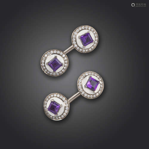 A pair of amethyst, diamond and enamel gold cufflinks, each circular link set with a square-shaped