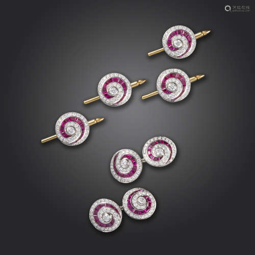 A ruby and diamond dress set, comprising four studs and a pair of cufflinks, each link with swirl