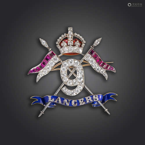 An impressive gem-set Regimental brooch for the 9th Lancers, set overall with circular-cut