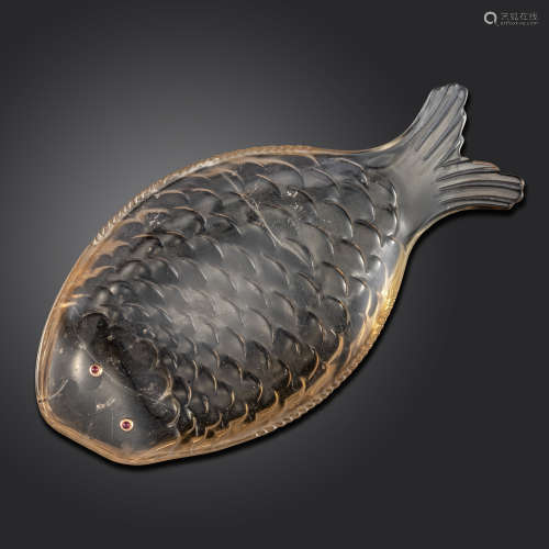An early 20th century carved rock crystal flat fish caviar dish, in the style of Fabergé,