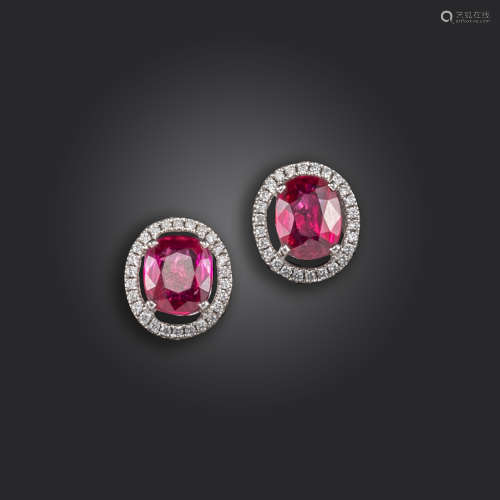 A pair of synthetic ruby and diamond-set cluster ear studs, the oval-shaped rubies set within a