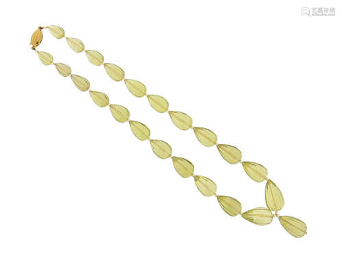 A citrine bead necklace, the briolette-cut citrines alternately-set with seed pearls and