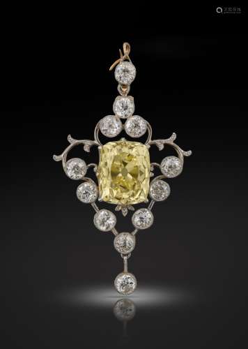 An early 20th century fancy-coloured and white diamond pendant, set with a central fancy-coloured