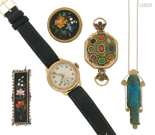 Two pietra dura gold brooches, an Indian navratan bracelet panel, set with nine gemstones within