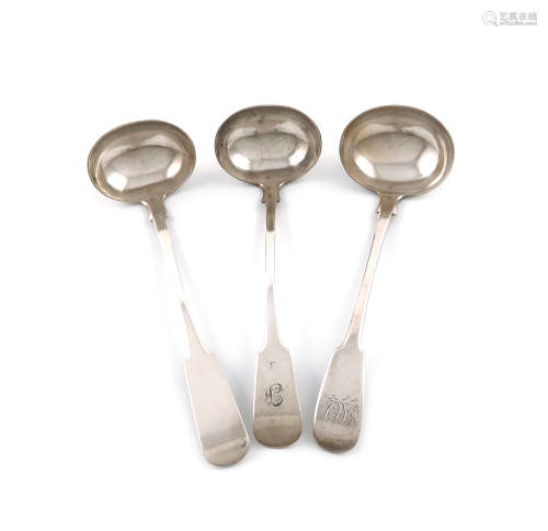 Three 19th century Scottish provincial silver Fiddle pattern toddy ladles, by William Whitecross,