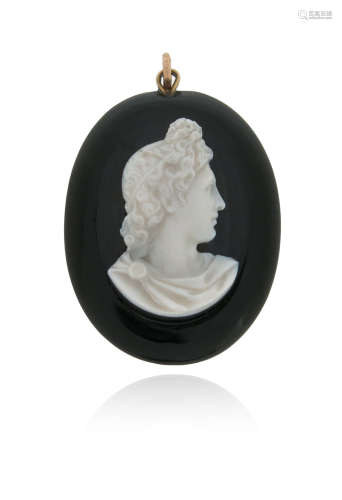 An agate cameo pendant, depicting the profile of Apollo Belvedere, with a circular-cut diamond