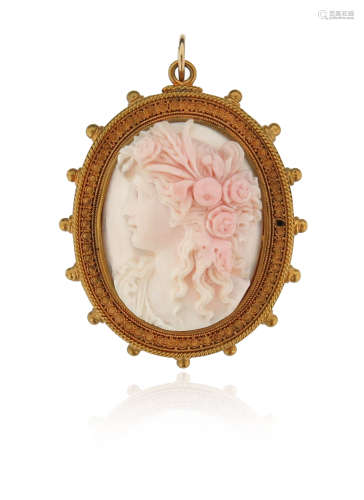 A 19th century shell cameo brooch pendant, depicting Flora in profile within gold Etruscan Revival