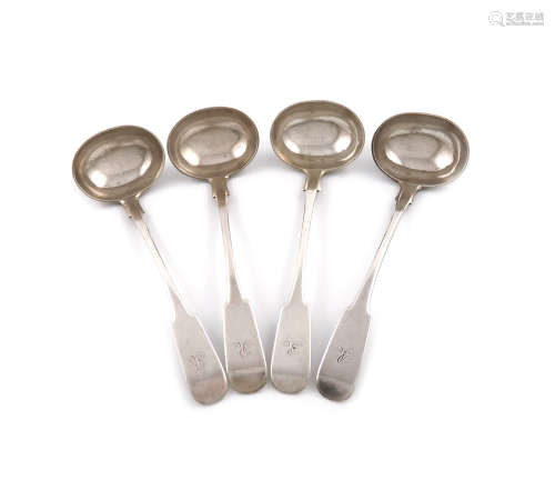 A set of four 19th century Scottish provincial silver Fiddle pattern toddy ladles, by James