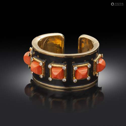 λ A coral, enamel and diamond 'Bastille' bangle by David Webb, from the Manhattan Minimalism