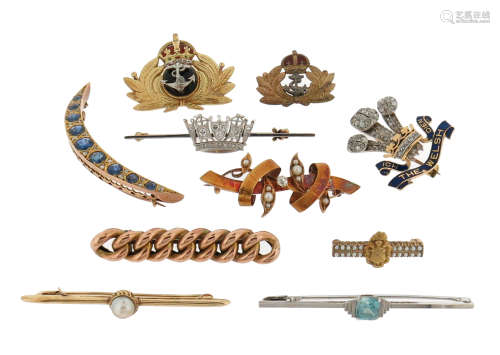 A collection of brooches, including a 19th century sapphire and diamond open crescent brooch; a 19th