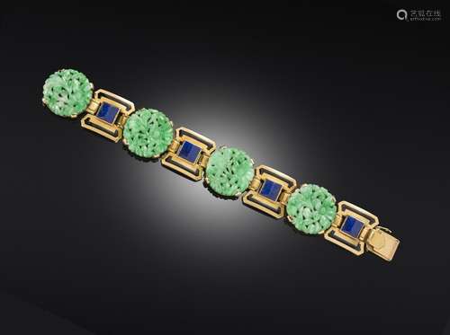 An Art Deco gold, jade, lapis lazuli and enamel bracelet by Sandoz, c1925, the bracelet composed