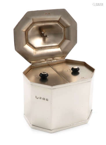 A silver double tea caddy, by S Blanckensee & Son Ltd, Birmingham 1927, rectangular form, canted