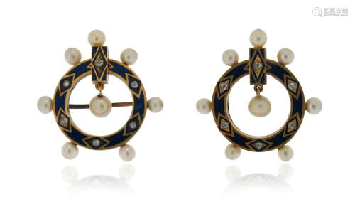 A pair of Victorian pearl, diamond and enamel brooches, (converted), the circular brooches set
