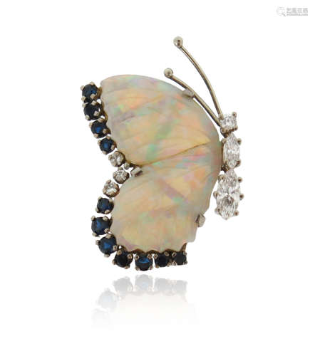A gem-set gold butterfly brooch, the wings formed from carved white opal with sapphire and diamond