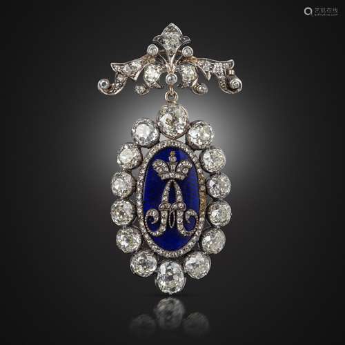 An early 19th century diamond monogram brooch, the diamond-set 'A' beneath a coronet on blue