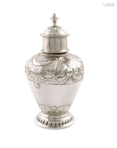 A late-Victorian silver tea canister, by Nathan and Hayes, Chester 1896, baluster form, embossed