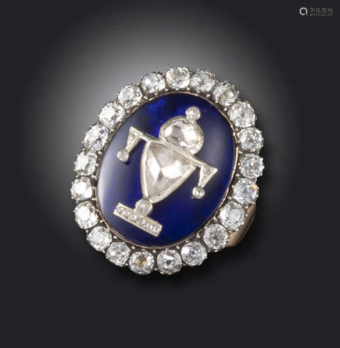 A George III diamond-set memorial ring, the stylised urn set with rose-cut diamonds on blue glass