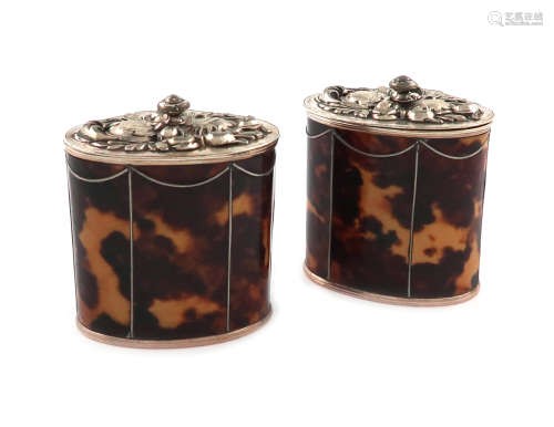 A pair of electroplated and faux tortoiseshell tea caddies, unmarked, oval form, hinged foliate