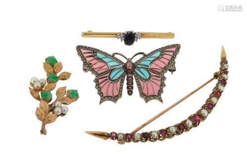 A small quantity of jewellery, including a silver butterfly brooch with enamel decoration; a ruby