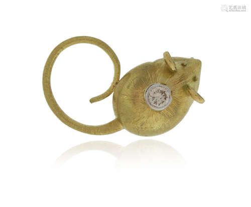 A diamond-set gold mouse brooch by Leo de Vroomen, rubover-set with a round brilliant-cut diamond