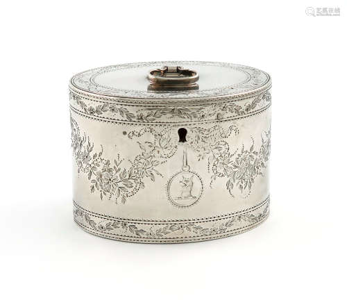 A George III silver tea caddy, Robert Makepeace & Richard Carter, London 1777, oval form, the