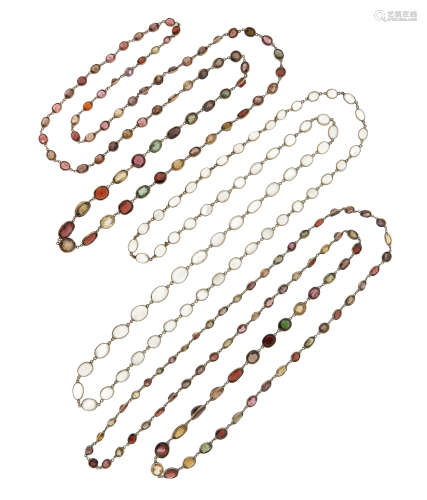 Three gem-set spectacle-link chains, including a moonstone-mounted long guard chain, 78cm long,
