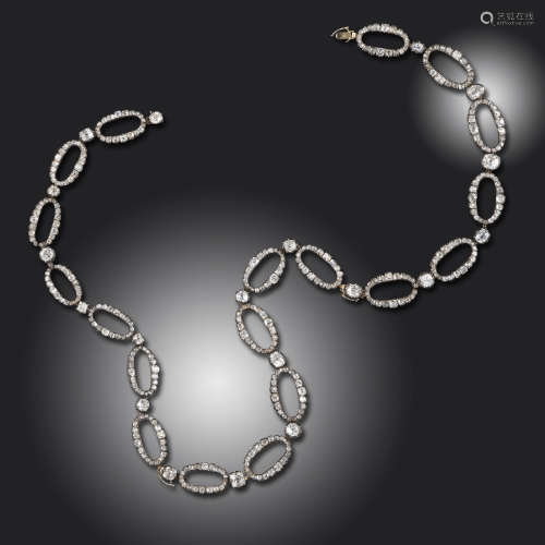 A 19th century diamond necklace, formed from alternating diamond-set oval links with scalloped edges