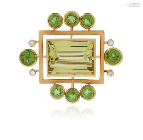 A gem-set gold brooch, with a central heliodor within a rectangular surround set with circular-cut