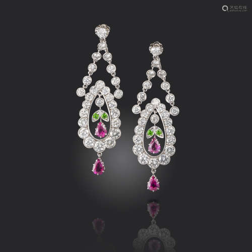 A pair of gem-set drop earrings, of openwork foliate design, set with round brilliant-cut