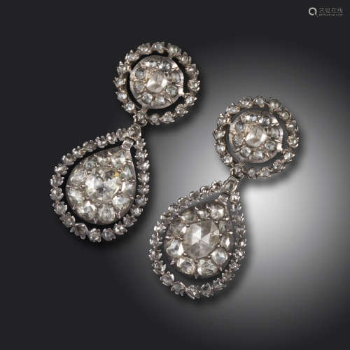 A pair of George III rose-cut diamond pendeloque earrings, the circular studs set with rose-cut