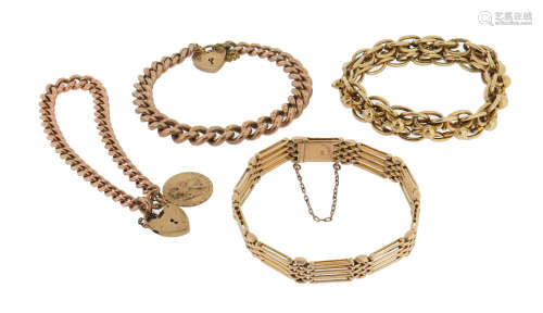 Four gold bracelets, one with gate links, one fancy-link gold bracelet, and two curb-link