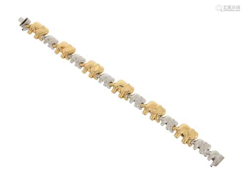 A two colour gold elephant bracelet, set with smaller textured white gold elephants and larger