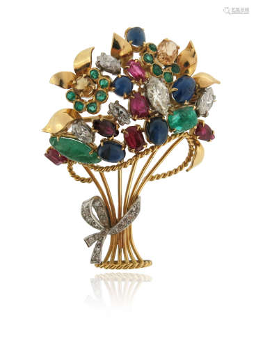 A gem-set giardinetto brooch, set with emeralds, rubies, sapphires and marquise-shaped diamonds in