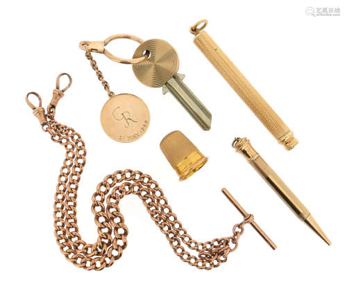 A collection of jewellery, including a 9ct gold thimble, an 18ct gold mechanical pencil, a 9ct