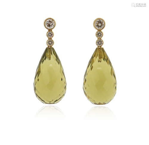 A pair of quartz and diamond drop earrings, each briolette-shaped quartz suspends from an