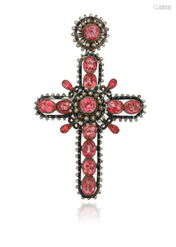 A 19th century Renaissance Revival cruciform pendant, set with foil-backed pink pastes and seed