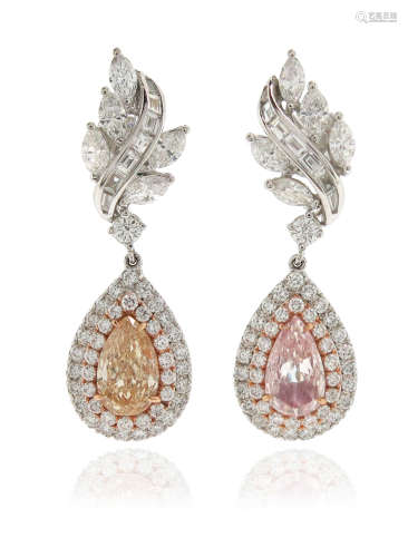 A pair of fancy-coloured diamond drop earrings, the two pear-shaped drops centred with pear-shaped