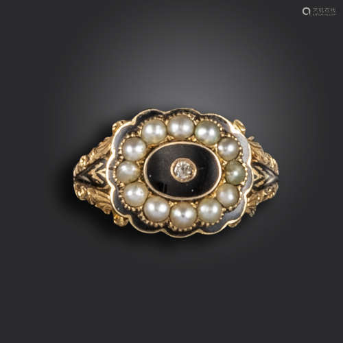 A George III diamond, seed pearl and enamel gold mourning ring, set with a circular-cut diamond