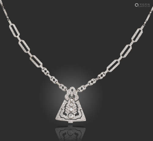 A diamond-set white gold necklace, the triangular-shaped pendant of geometric openwork design,