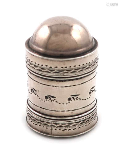 A George III silver nutmeg grater, by Samuel Pemberton, Birmingham 1790, cylindrical form, domed