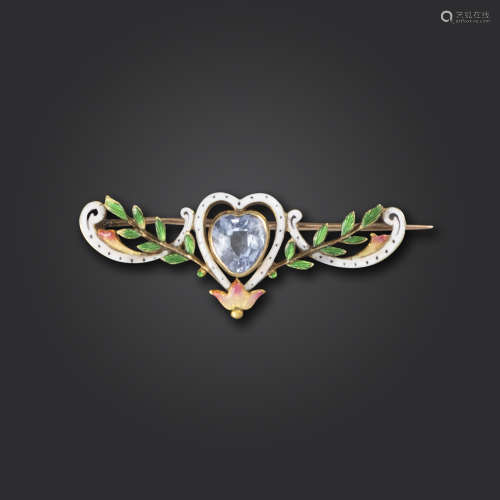 An Edwardian sapphire and enamel gold brooch, of foliate scroll design, centred with a heart-